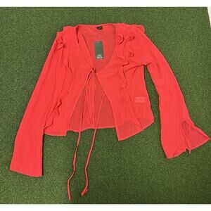 Wild Fable Shirt Womens S Red Ruffle Tie Front Sheer V Neck Long Bell Sleeve